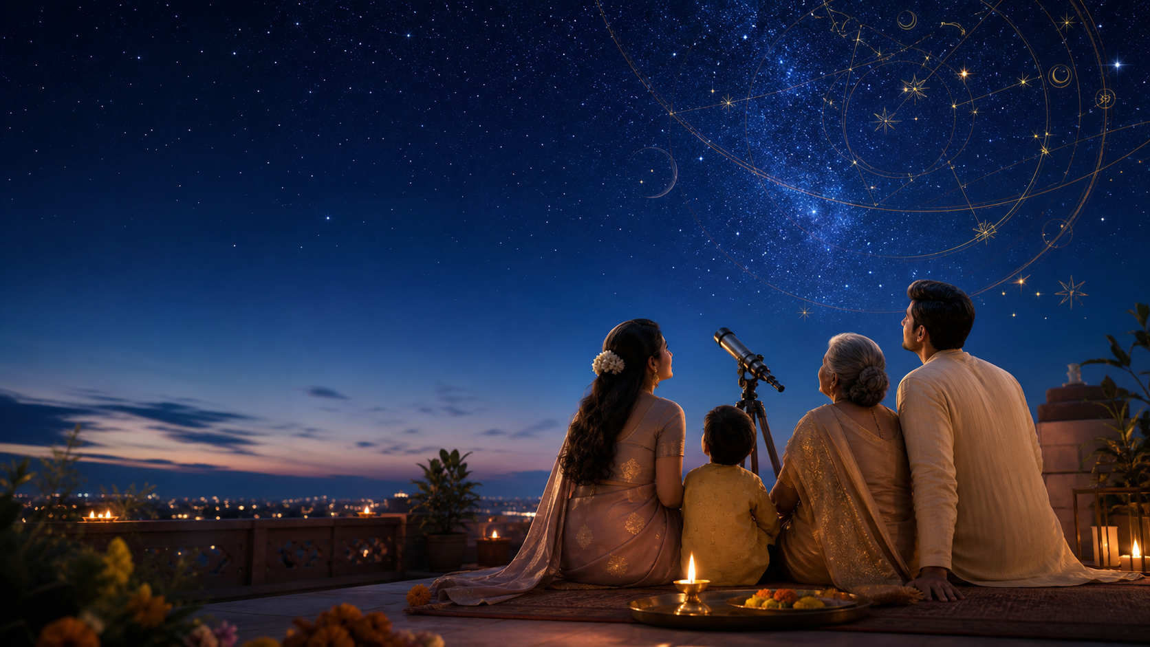 Family gathered under a starry sky